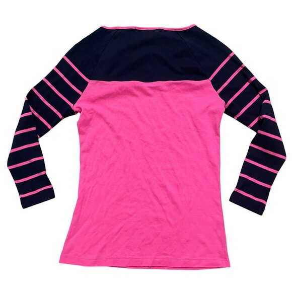 Lauren Ralph Lauren Fuchsia Pink And Navy Striped Blouse Sz PXS Gold Buttons - Picture 4 of 4